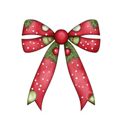 Red Christmas bow with festive ornament pattern, featuring pine branches and polka dots