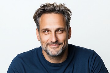Fototapeta premium Portrait of a smiling man with a beard and casual attire. The man appears confident and approachable, set against a plain background, capturing a sense of authenticity and warmth.