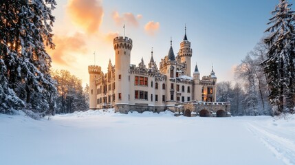 Obraz premium A majestic castle surrounded by snow-covered landscape, bathed in warm sunset hues, evoking a fairytale atmosphere.