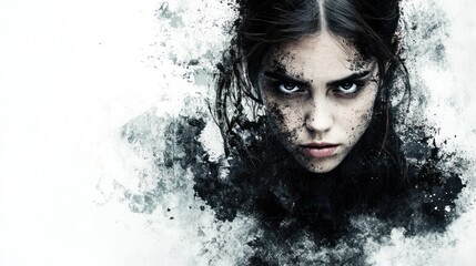Intense young woman with dark, angry expression surrounded by dramatic, splatter art.