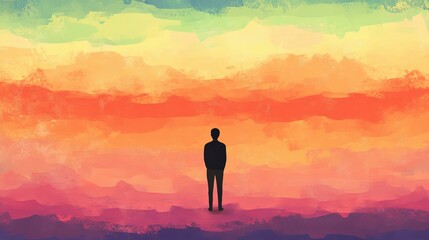 Obraz premium Person standing alone against a vibrant sunset with layered colors highlighting a reflective and serene atmosphere