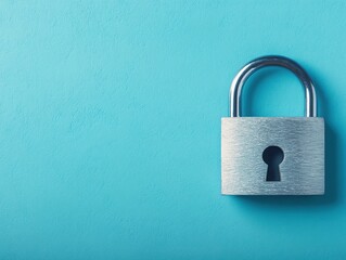 Fototapeta premium A close-up of a metallic padlock resting on a vibrant blue background, symbolizing security and protection.