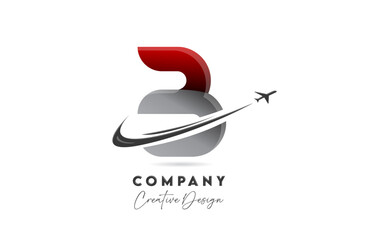 B red letter alphabet logo icon design with plane and swoosh suitable for an air or aerospace travel business or company