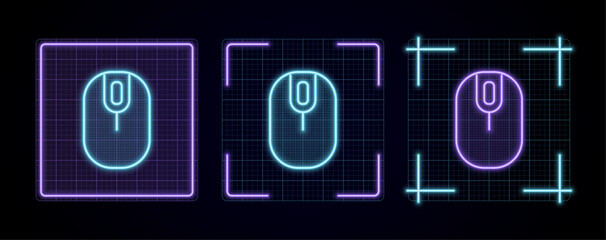 Mouse icon illustration, cyber neon visual, glowing border grid vector.