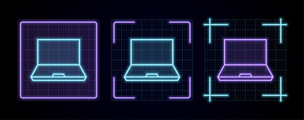 Notebook computer icon illustration, cyber neon visual, glowing border grid vector.