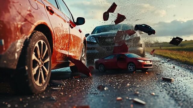 Crash Scene on Wet Road: Dramatic image of a multi-car collision on a rain-soaked road, showcasing shattered car parts and the aftermath of a high-impact accident.