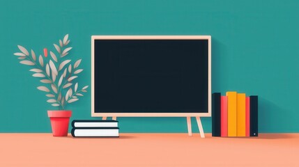 A minimalist workspace featuring a chalkboard, books, and a potted plant against a teal background, creating an inviting atmosphere for creativity.