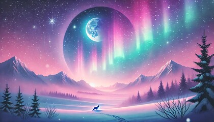 Fototapeta premium Magical Winter Night with Vibrant Pink and Purple Auroras and a Lone Wolf Beneath Starry Skies