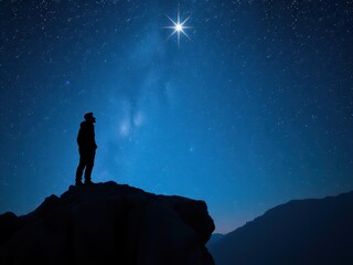 Obraz premium Lone individual gazing at stars in silhouette against night sky, sky, stars, stargazing, contemplation