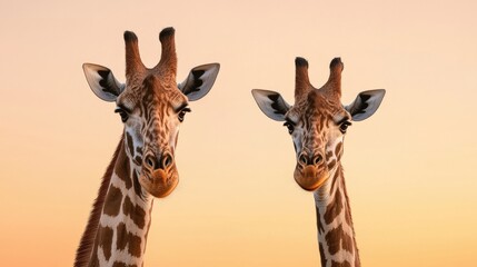 Obraz premium Two giraffes with distinct patterns gaze peacefully against a warm sunset backdrop, showcasing their long necks and gentle demeanor.