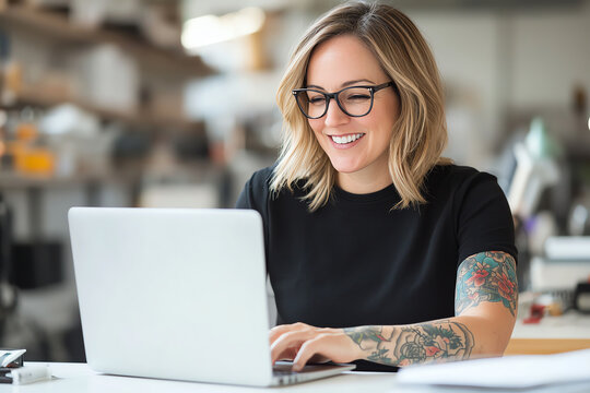 Confident professional woman with tattoos and glasses working on a laptop in a modern office setting. Bright and motivating work environment.