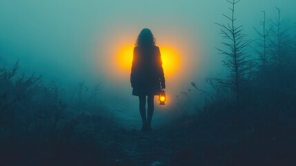 Fototapeta premium Silhouette with Lantern in Foggy Forest 