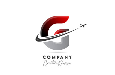 G red letter alphabet logo icon design with plane and swoosh suitable for an air or aerospace travel business or company
