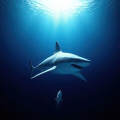 Fototapeta premium Silhouette of a great white shark approaching on a hunt, stealth, lethal