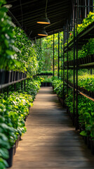 Recycle conservation renewal sustainability concept. Lush greenhouse interior with vibrant plants lining a wooden pathway.