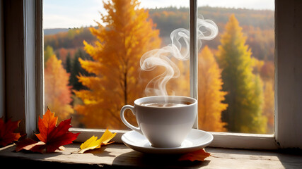 A steaming cup of tea or coffee in the fall on the window.