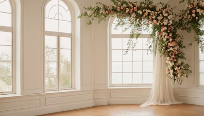 Beautiful floral arch decoration with soft pink and white drapery, perfect for weddings and special events. 5789