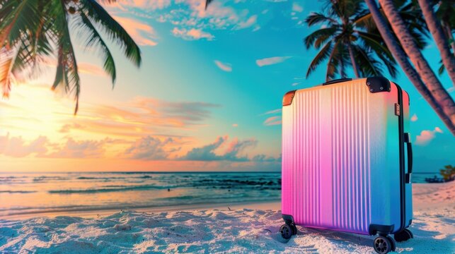 Travel suitcase on tropical beach with palm trees at sunset. Vacation concept