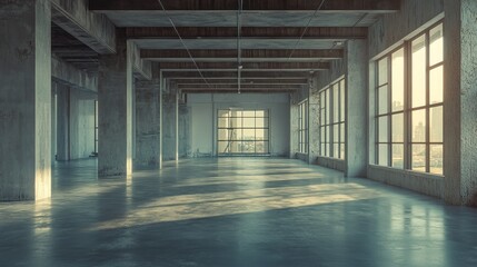 Vast Empty Industrial Space with Sunlight Streaming Through Large Windows