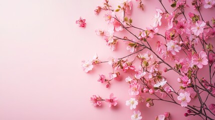 Fototapeta premium Delicate cherry blossom branches spread across a soft pink background showcasing nature’s beauty in springtime
