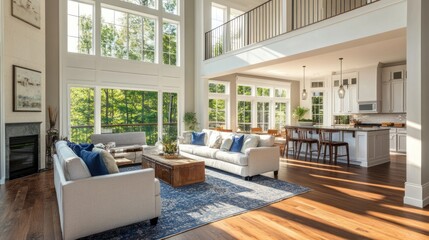 Sunlit Modern Home Interior Design: Spacious Living Room and Kitchen with Natural Light