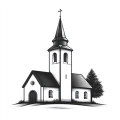 Fototapeta premium Monochrome sketch of a small church with a tall steeple and a single tree.