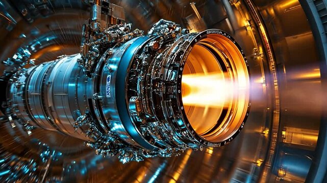 Jet Engine Ignition: Close-up of a powerful jet engine igniting, showcasing intricate details and a fiery burst of energy.  The image evokes a sense of power, innovation.