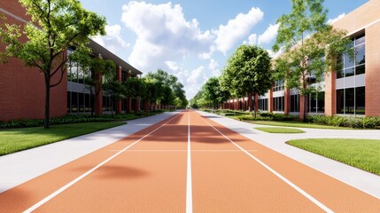 Naklejka premium A vibrant athletic track lined with trees and modern buildings under a blue sky, creating an inviting outdoor space for sports and recreation.