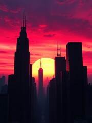 Obraz premium City skyline silhouette with tall buildings in shadow against a vibrant sunset sky, tall, vibrant, shadow