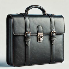 simple black leather briefcase with lock and handle on white background
