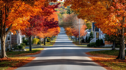 Tree-lined suburban street in autumn in Woodstock Vermont with vibrant orange and red leaves covering the road and sidewalks