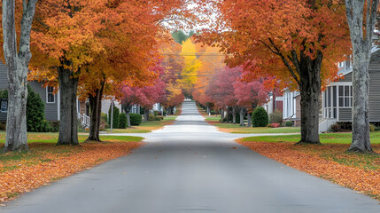 Naklejka premium Tree-lined suburban street in autumn in Woodstock Vermont with vibrant orange and red leaves covering the road and sidewalks