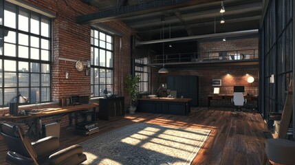 Sunlit Industrial Loft Office Workspace