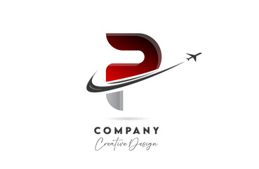 P red letter alphabet logo icon design with plane and swoosh suitable for an air or aerospace travel business or company