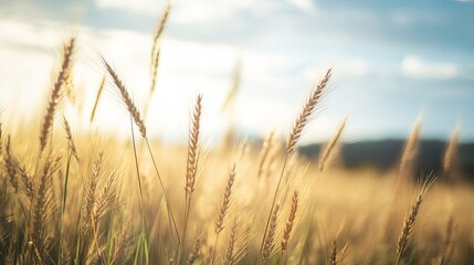 Naklejka premium Golden wheat fields sway under the warm glow of the afternoon sun in a tranquil rural landscape during harvest season