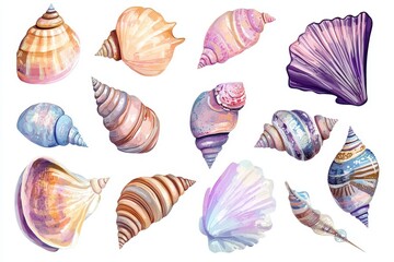 Artistic Watercolor Seashell Collection Featuring Soft Tones, Detailed Marine Life, and Waves