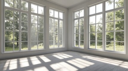 Sunlit Room with Expansive Windows Offering a Tranquil View of Lush Greenery