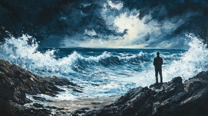 Obraz premium Ocean waves crash; lone figure observes storm.