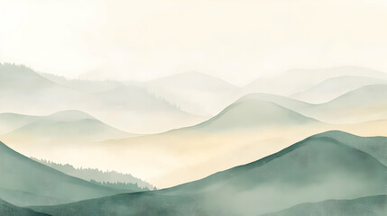 Serene misty mountains with soft gradients and layered hills.