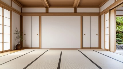 A serene, minimalist Japanese room with wooden beams, tatami flooring, and sliding doors, offering a peaceful view of a garden.