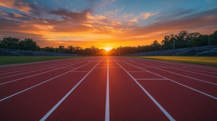 Red athletic track illuminated by sunlight