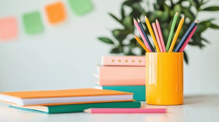 A vibrant workspace featuring colorful notebooks and pencils in a bright container, creating an inviting atmosphere for creativity.