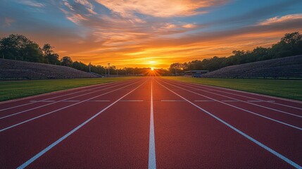 Red athletic track illuminated by sunlight
