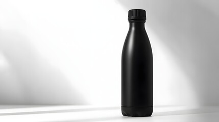 A sleek black bottle stands alone against a minimalistic background.