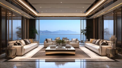 Naklejka premium Luxury Coastal Living Room with Panoramic Ocean View