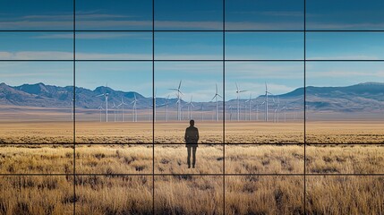 landscape of wind turbines overlaid with a clear blue sky and a person standing in the foreground, illustrating the peaceful coexistence of clean energy technologies with nature. [Environmental]:[Rene