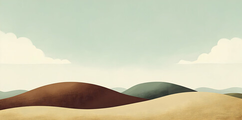 A minimalist landscape featuring rolling hills in soft colors under a light sky.