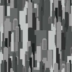 A monochrome pattern showcasing a city skyline with buildings, rectangles all arranged in a seamless design. The grey tones create a modern and sleek look