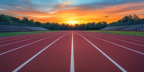 Red athletic track illuminated by sunlight