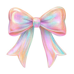 Iridescent pastel bow with glittery texture, isolated on transparency background